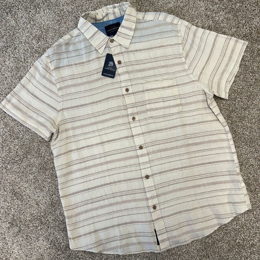 NWT Lucky Brand Linen Blend Short Sleeve Button‎ Shirt Men Size Medium Stripe